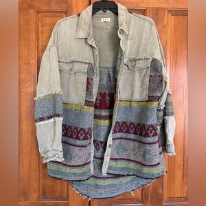 POL Tribal Gray and Red Knit Denim Jacket